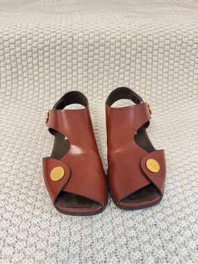 Stella McCartney Cognac Brown Open-Toe Sandals with Gold Buttons